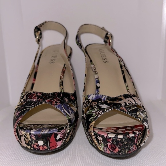 Guess Floral Animal Print Slingback Peep Toe Platform Heel Size 8.5M - EUC - Picture 3 of 11